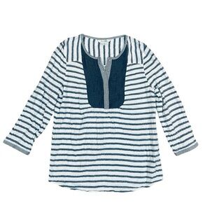 Boden 100% Cotton White and Blue 3/4 Length Sleeve Gauze Striped Top